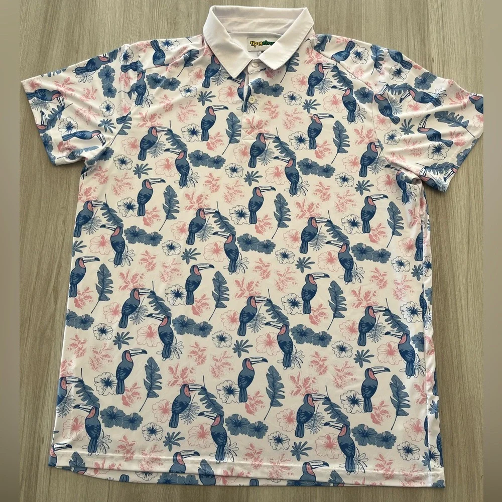 Tipsy Elves Toucan Tango Performance Polo Shirt Men's 2XL Hawaiian Short Sleeve‎